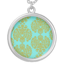 olive green and aqua blue fleur damask