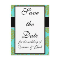 olive green and aqua blue fleur damask postcard