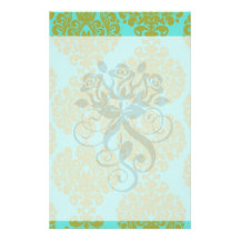 olive green and aqua blue fleur damask personalised stationery