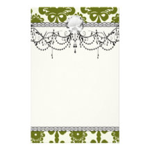 olive green and cream floral damask pattern personalised stationery