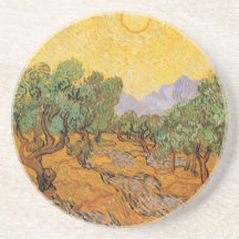 Olive Trees Yellow Sky Sun, van Gogh, Vintage Art Coaster