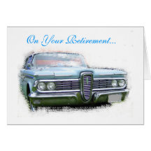 ON YOUR RETIREMENT BLUE CAR GREETING CARD
