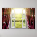 Open window with countryside view and sunlight str posters