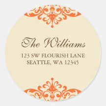 Orange and Brown Flourish Scroll Address Label Round Sticker