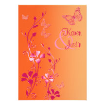 Orange and Pink Floral with Butterflies on Linen Personalized Announcements