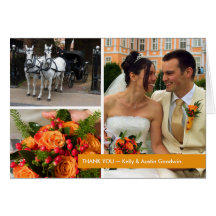 Orange band modern 3 photo montage thank you note cards