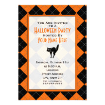 Orange & Black Argyle Black Cat Halloween Party Personalised Announcements