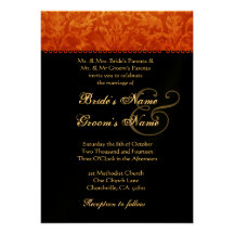 Orange Black White Damask Wedding Invitation