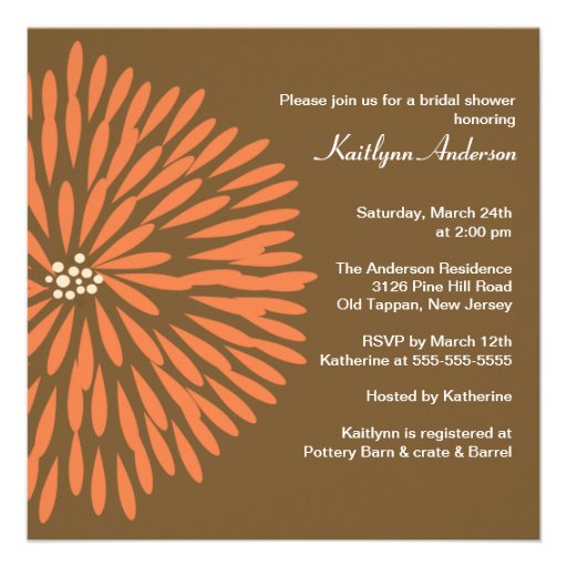 Orange Bloom on Brown Bridal Shower Invitation