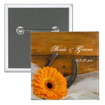 Orange Daisy and Horseshoe Country Wedding Button