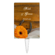 Orange Daisy Horseshoe Country Wedding Cake Topper
