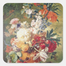 Orange Flowers with Butterfly, Flemish flowers Square Sticker