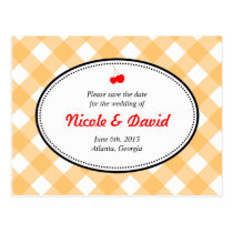 Orange gingham country rustic cherry save the date postcards