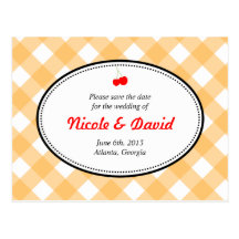 Orange gingham country rustic cherry save the date postcard