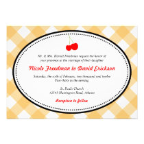 Orange gingham country rustic red cherry wedding invitations