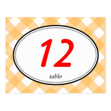 Orange gingham country rustic wedding table number postcard