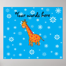 Orange giraffe sky blue white snowflakes pattern poster