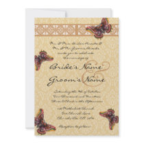 Orange Peach Butterflies Damask Wedding Invitation
