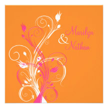 Orange Pink White Floral Square Wedding Invitation
