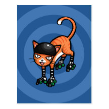 Orange tabby on rollerskates postcard