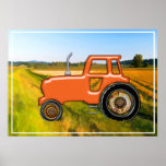 Orange Tractor  in the Fields Posters