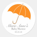 orange umbrella BABY SHOWER custom keepsake label Round Stickers