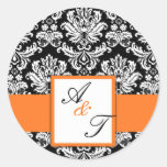 Orange Wedding Monogram Damask Seal Round Sticker