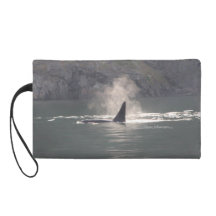 Orca Whale Breaths Out Mist in Whale Rich San Juan Wristlet Purses