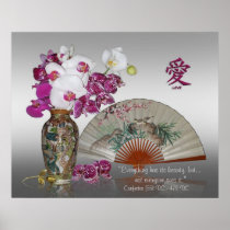 Orchids and Oriental painted fan, Confucius quote Posters
