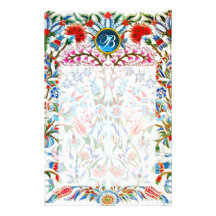 ORIENTAL  FLOWERS DAMASK MONOGRAM Blue Sapphire Stationery Paper