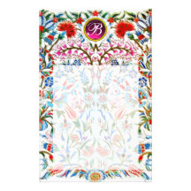 ORIENTAL  FLOWERS DAMASK MONOGRAM Pink Amethyst Custom Stationery