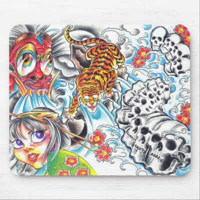 oriental skull women tiger mouse pad by tattoostyle