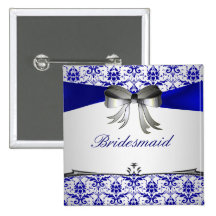Ornate blue Silver Damask Wedding Party Button pin