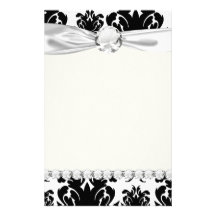ornate formal black white damask custom stationery