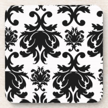 ornate formal black white damask drink coasters