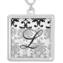 ornate formal black white damask personalized necklace