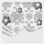 ornate formal black white damask square sticker