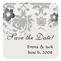 ornate formal black white damask square sticker