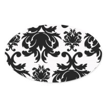 ornate formal black white damask oval sticker