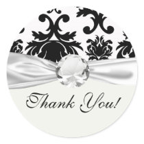 ornate formal black white damask round stickers
