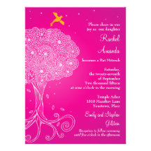 Ornate Tree of Life Pink Bat Mitzvah Personalised Announcements