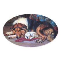 Orphan Dog with Collie Vintage Art Oval Stickers