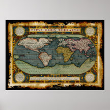 Ortelius' Old World Map in Rustic Grunge Style Print