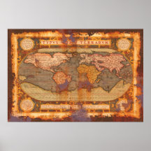 Ortelius' Old World Map in Rusty Grunge Style Print