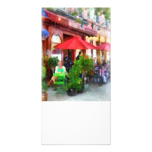 Outdoor Cafe With Red Umbrellas Photo Greeting Card