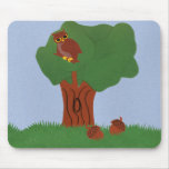 Owl and an Oak Tree Whimsical Cartoon Art Mousepad