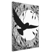 Owl and Moon Cross Hatched Stretched Canvas Print