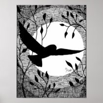 Owl and Moon Cross Hatched Poster