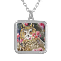 Owl blossom watercolor painting pendant