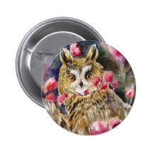 Owl blossom watercolor painting pinback buttons